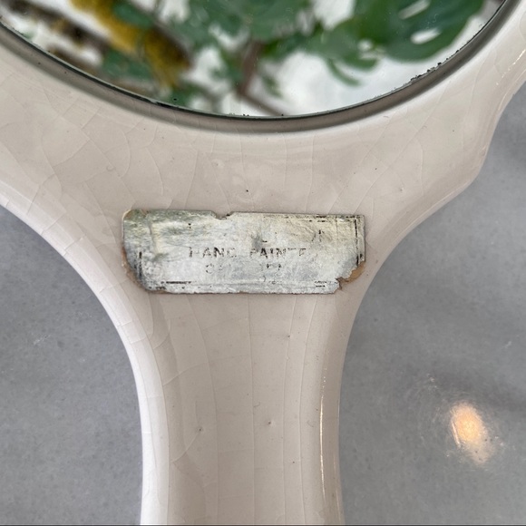 VINTAGE •Cottagecore Ceramic Hand-mirror Floral Hand Painted Vanity Antique - Picture 3 of 6